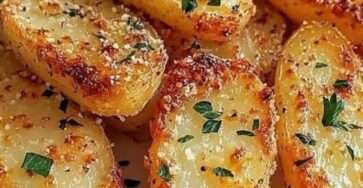 Assiette de pommes de terre croustillantes au parmesan au four, parfaitement dorées et croustillantes, parsemées de persil frais, accompagnement gourmand et savoureux.