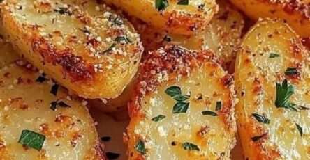 Assiette de pommes de terre croustillantes au parmesan au four, parfaitement dorées et croustillantes, parsemées de persil frais, accompagnement gourmand et savoureux.