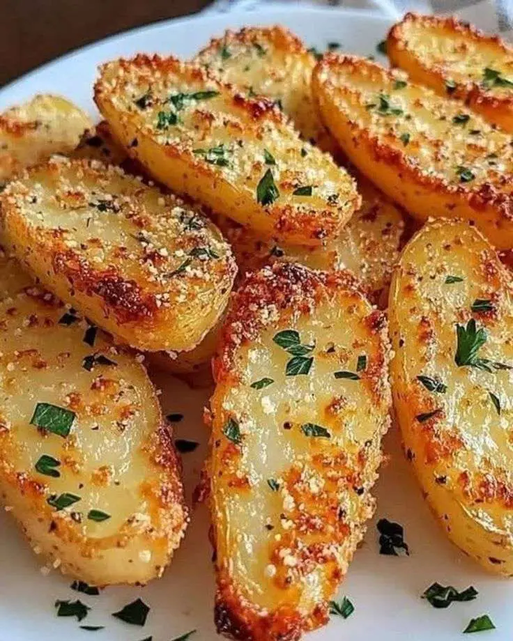 Assiette de pommes de terre croustillantes au parmesan au four, parfaitement dorées et croustillantes, parsemées de persil frais, accompagnement gourmand et savoureux.