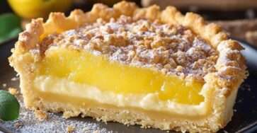 Tarte au citron à la croûte dorée et à la garniture lisse, surmontée de crème fouettée et zestes de citron