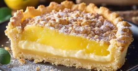 Tarte au citron à la croûte dorée et à la garniture lisse, surmontée de crème fouettée et zestes de citron