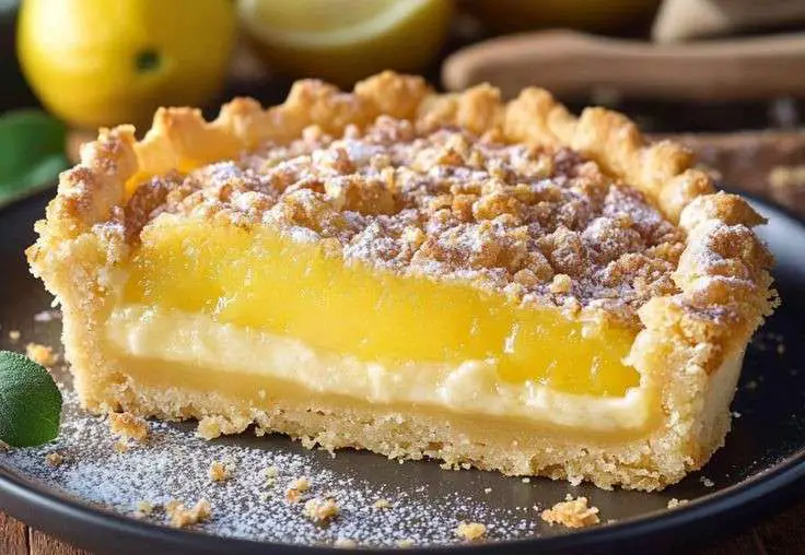 Tarte au citron à la croûte dorée et à la garniture lisse, surmontée de crème fouettée et zestes de citron
