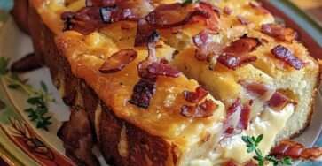 Cake au camembert et lardons fumés, bien doré et fondant, servi sur une assiette décorée avec herbes fraîches, prêt à être dégusté.