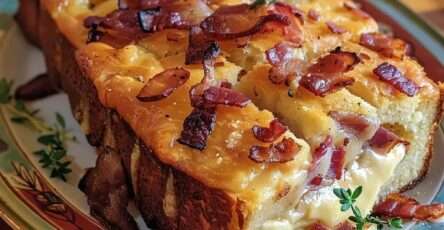 Cake au camembert et lardons fumés, bien doré et fondant, servi sur une assiette décorée avec herbes fraîches, prêt à être dégusté.