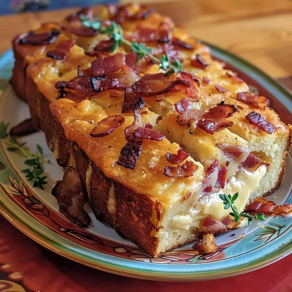 Cake au camembert et lardons fumés, bien doré et fondant, servi sur une assiette décorée avec herbes fraîches, prêt à être dégusté.