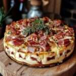 Gros plan sur un cake moelleux au camembert fondu et lardons fumés, parsemé de thym et présenté sur une planche rustique