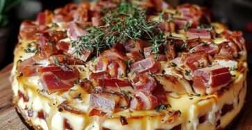 Gros plan sur un cake moelleux au camembert fondu et lardons fumés, parsemé de thym et présenté sur une planche rustique