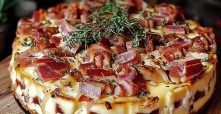 Gros plan sur un cake moelleux au camembert fondu et lardons fumés, parsemé de thym et présenté sur une planche rustique