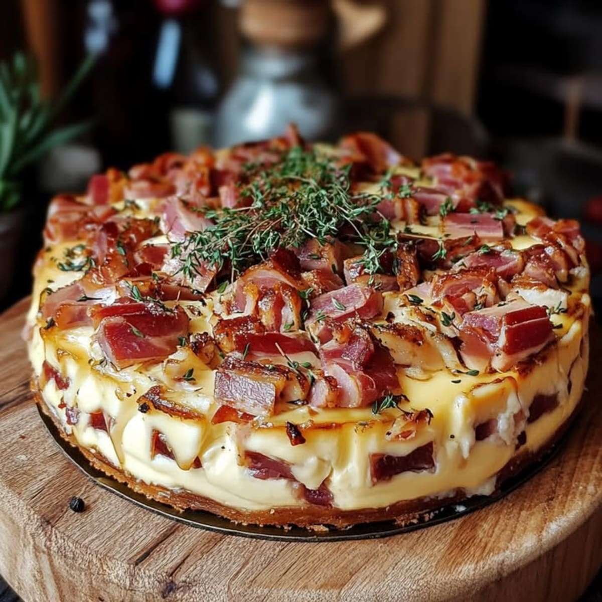 Gros plan sur un cake moelleux au camembert fondu et lardons fumés, parsemé de thym et présenté sur une planche rustique