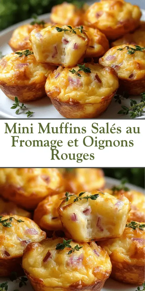 mini muffins salés dorés au fromage et oignons rouges dans un plat de service