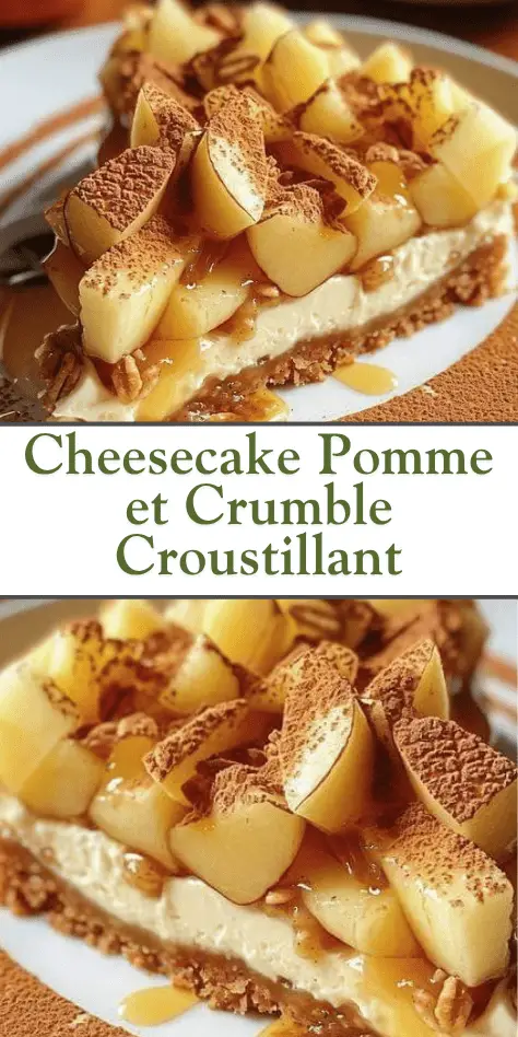 Montage photo d’un cheesecake pomme et crumble croustillant, garni de pommes fraîches et de caramel, avec texte de titre en surimpression.