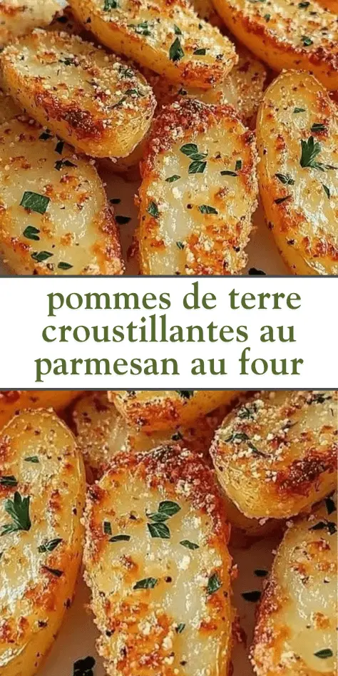 Pommes de terre croustillantes au parmesan dorées au four, recette facile illustrée, vue rapprochée mettant en valeur la texture dorée et croustillante des pommes de terre avec du persil frais en décoration.