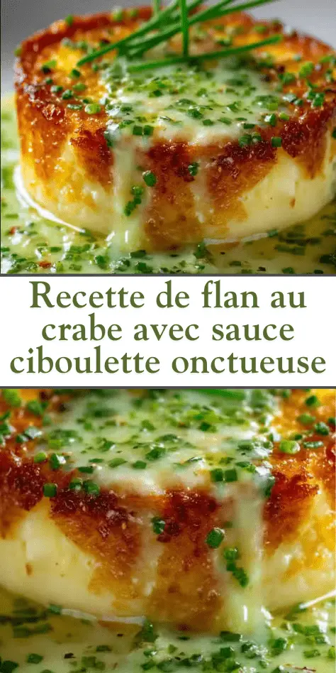 Flan au crabe nappé de sauce à la ciboulette onctueuse, flan doré et fondant en entrée raffinée, recette illustrée avec texture crémeuse et herbes fraîches.