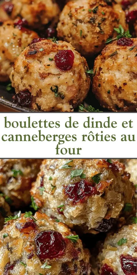 Boulettes de dinde moelleuses aux canneberges rôties au four, recette illustrée parfaite pour les fêtes ou un apéritif gourmand, texture dorée et fruits acidulés.