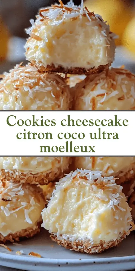Cookies cheesecake ultra moelleux au citron et noix de coco, cœur fondant au fromage frais, parsemés de noix de coco dorée, recette illustrée et gourmande.
