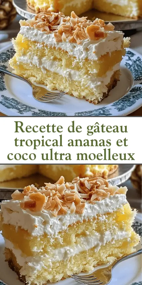 Gâteau tropical ananas et coco ultra moelleux, décoré de copeaux de noix de coco grillés, couches aériennes de crème fouettée et compotée d’ananas, dessert exotique et gourmand.