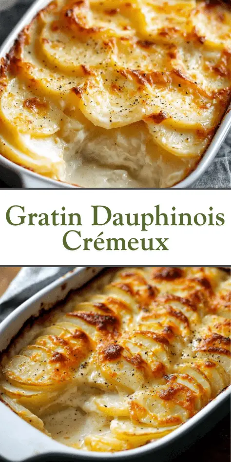 Gratin dauphinois crémeux doré au four, tranches de pommes de terre parfaitement disposées, plat familial réconfortant