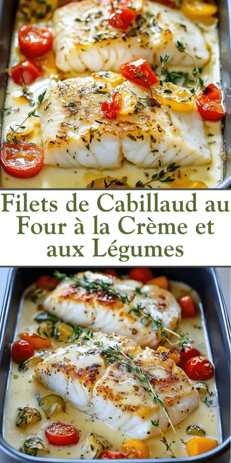 Filets de cabillaud cuits au four, nappés de crème onctueuse, accompagnés de légumes colorés et herbes fraîches, plat gourmand et raffiné