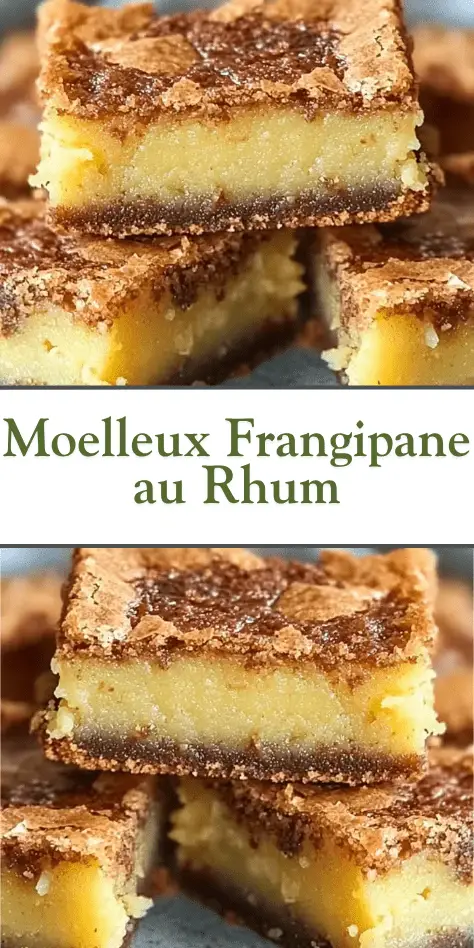 Carrés de moelleux frangipane au rhum, texture fondante et croûte dorée, présentés en pile gourmande, dessert maison raffiné.