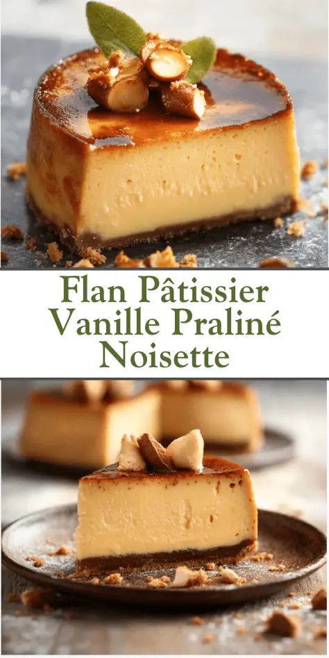 Flan pâtissier vanille praliné noisette, tranche épaisse et crémeuse surmontée de noisettes caramélisées, dessert raffiné et gourmand.