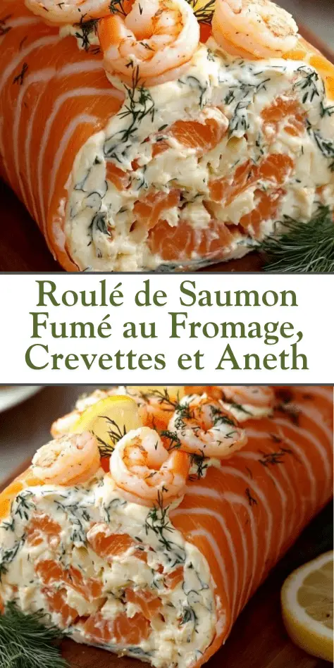 Roulé de saumon fumé au fromage frais, crevettes et aneth sur assiette décorée