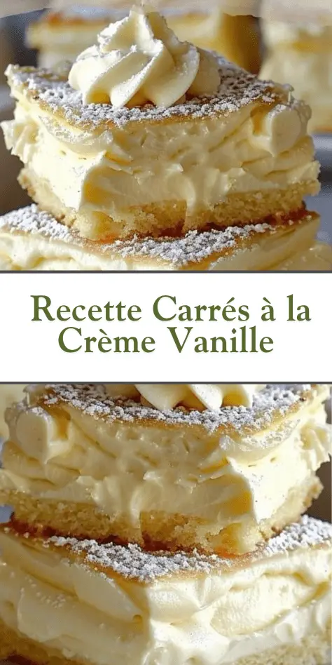 Gros plan sur deux carrés à la crème vanille empilés sur une assiette blanche. Chaque carré est composé de deux couches de génoise dorée garnies d'une crème vanille onctueuse, saupoudré de sucre glace et surmonté d’une rosace de chantilly.