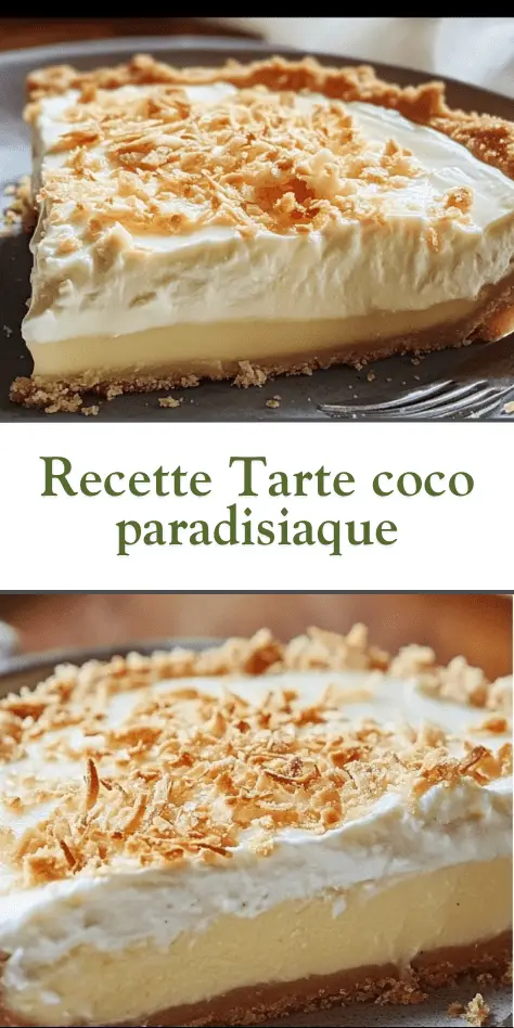 Tarte à la crème coco dorée et fondante servie sur une assiette blanche avec copeaux de noix de coco