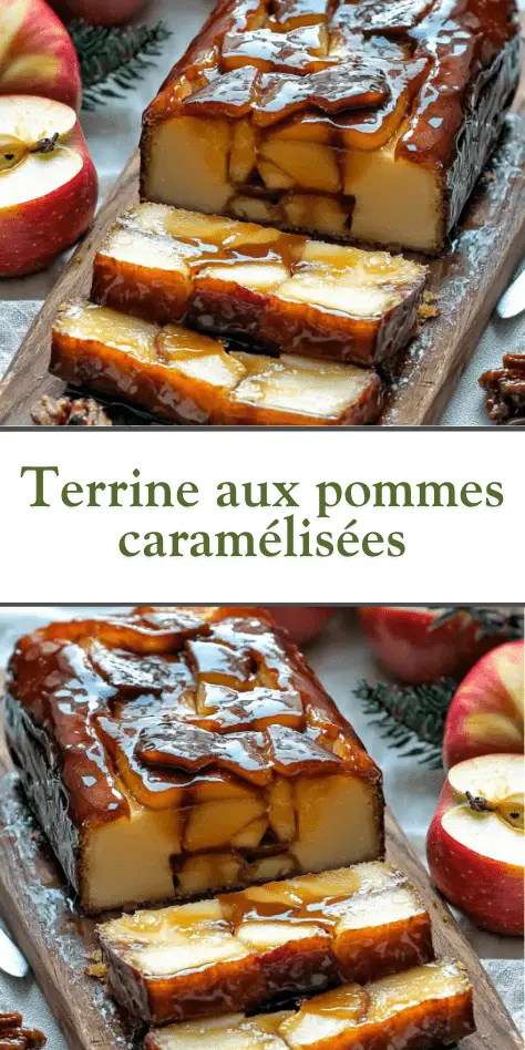 Tranches de terrine aux pommes caramélisées servies froides, accompagnées de caramel et glace vanille