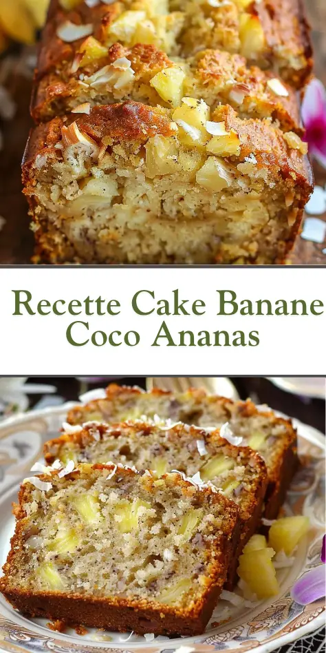 Cake moelleux à la banane, noix de coco et ananas, tranché sur une planche en bois avec miettes dorées