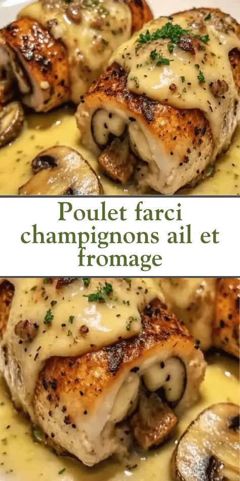 Blancs de poulet farcis aux champignons et au fromage, dorés au four et servis avec persil frais
