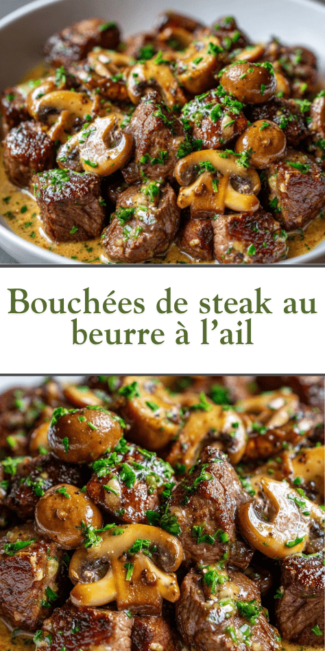 Bouchées de steak au beurre à l'ail et sauce aux champignons