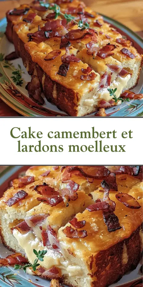 Gros plan d’un cake salé au camembert et aux lardons, moelleux et doré, présenté sur un plat de service avec du thym frais.