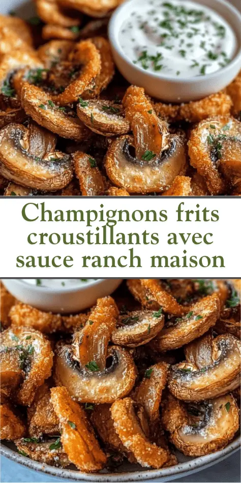 Champignons frits dorés et croustillants accompagnés d'une sauce ranch crémeuse, servis dans un bol rustique pour un apéritif gourmand fait maison.