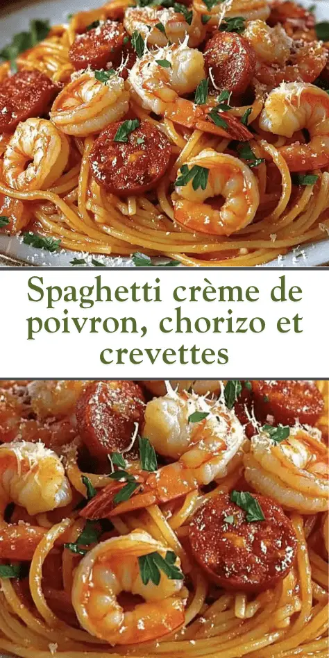 Assiette de spaghetti enrobés d’une crème de poivron rouge, garnis de rondelles de chorizo croustillantes et de crevettes sautées, avec du basilic frais.