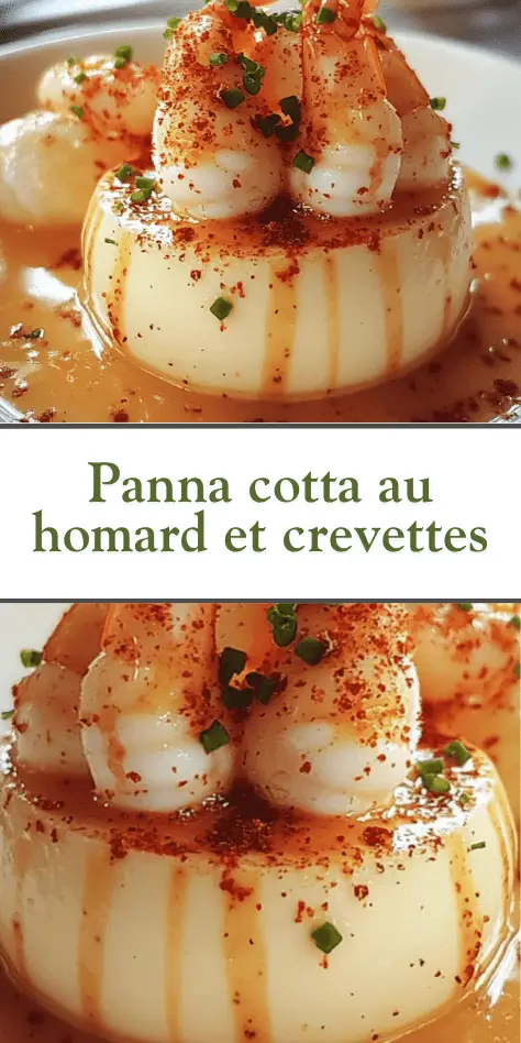 Panna cotta salée au homard et crevettes, nappée de sauce, parsemée de ciboulette et de piment doux, servie dans une assiette blanche pour une entrée raffinée.