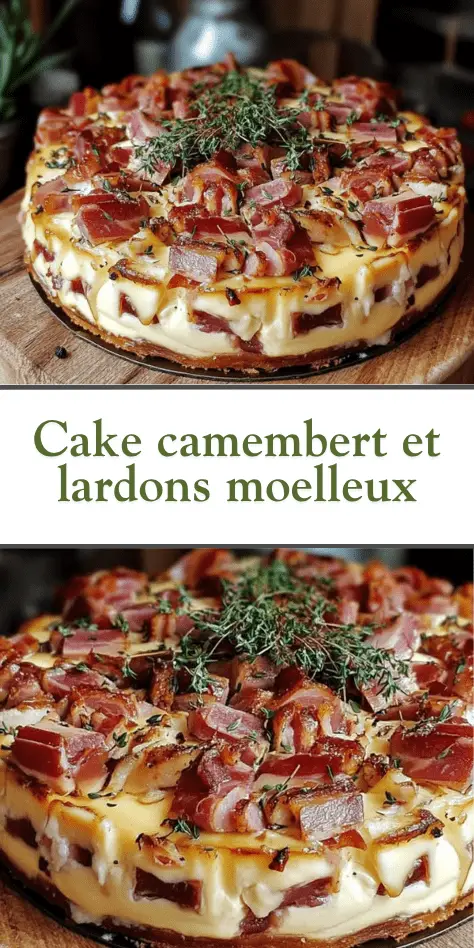 Cake salé au camembert fondant et lardons croustillants, servi sur planche en bois avec thym frais