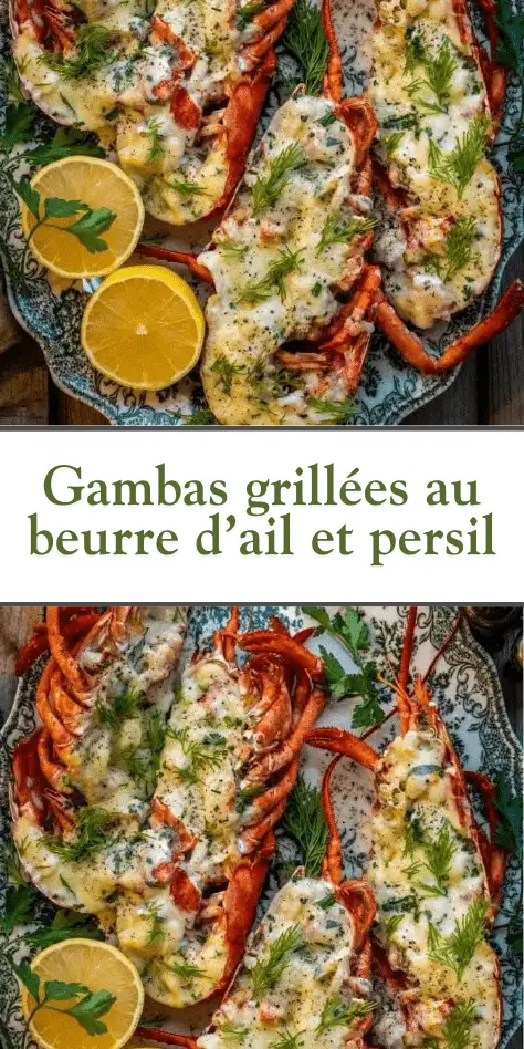 Gambas grillées au beurre d’ail et persil servies avec des tranches de citron