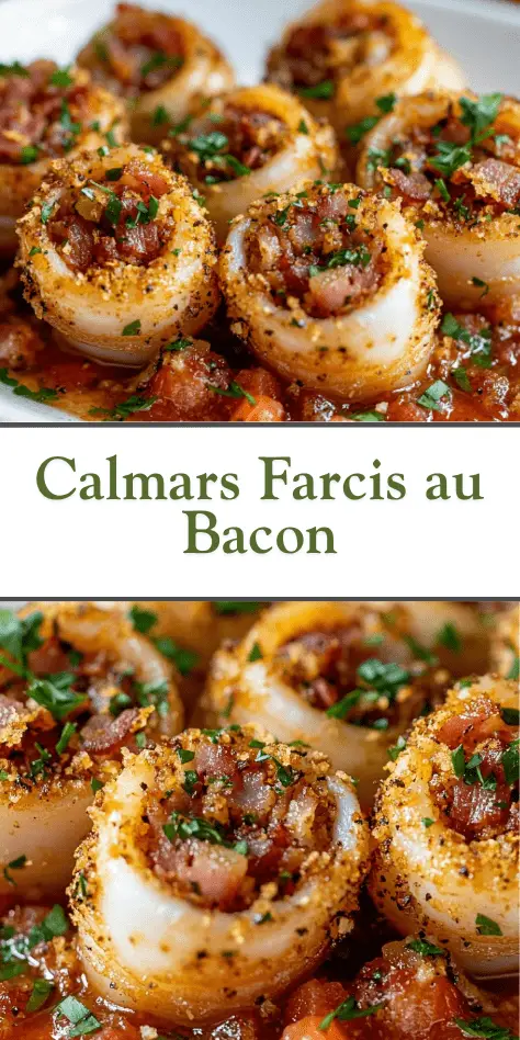 Calmars farcis au bacon dans une assiette avec persil et vin blanc