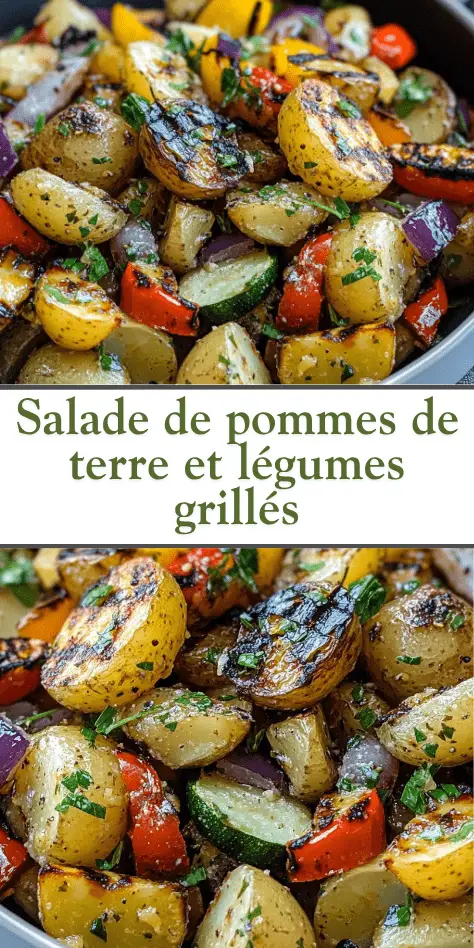 Gros plan sur une salade de pommes de terre dorées, courgettes, poivrons et oignons grillés, assaisonnés aux herbes fraîches