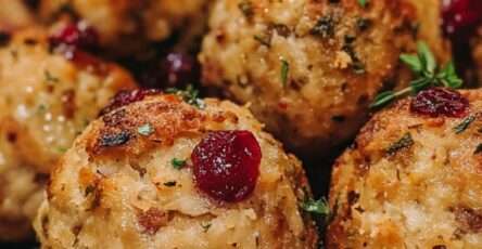 Boulettes de dinde moelleuses aux canneberges rôties au four, recette illustrée parfaite pour les fêtes ou un apéritif gourmand, texture dorée et fruits acidulés.