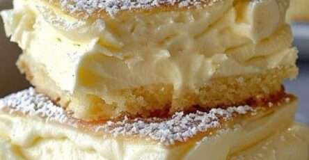Gros plan sur deux carrés à la crème vanille empilés sur une assiette blanche. Chaque carré est composé de deux couches de génoise dorée garnies d'une crème vanille onctueuse, saupoudré de sucre glace et surmonté d’une rosace de chantilly.