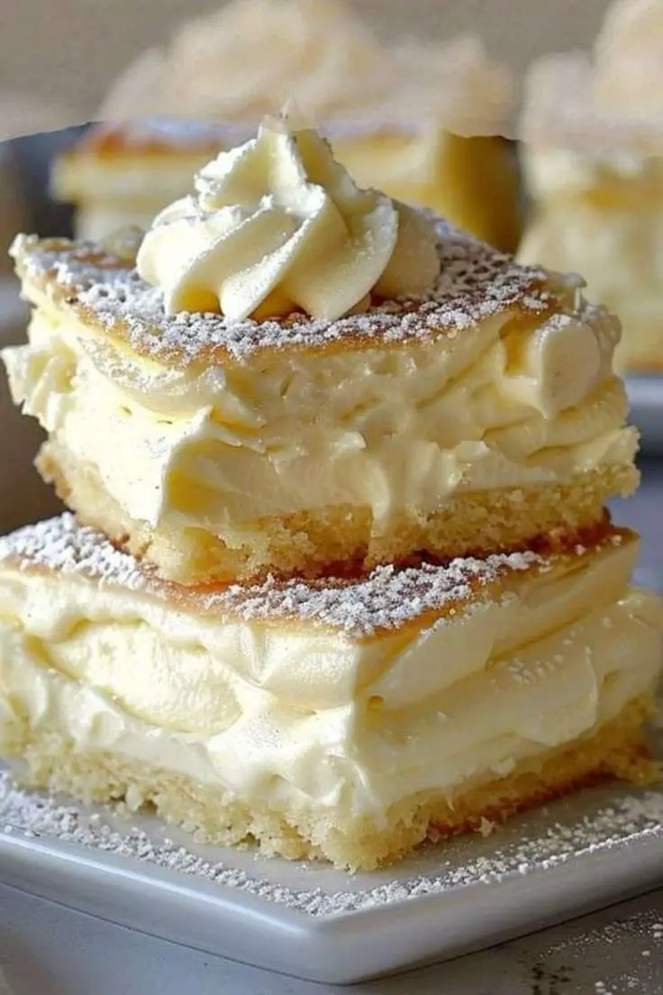 Gros plan sur deux carrés à la crème vanille empilés sur une assiette blanche. Chaque carré est composé de deux couches de génoise dorée garnies d'une crème vanille onctueuse, saupoudré de sucre glace et surmonté d’une rosace de chantilly.