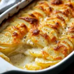 Gratin dauphinois maison, pommes de terre fondantes nappées de crème et de fromage, croûte dorée et croustillante.