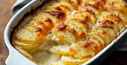 Gratin dauphinois maison, pommes de terre fondantes nappées de crème et de fromage, croûte dorée et croustillante.