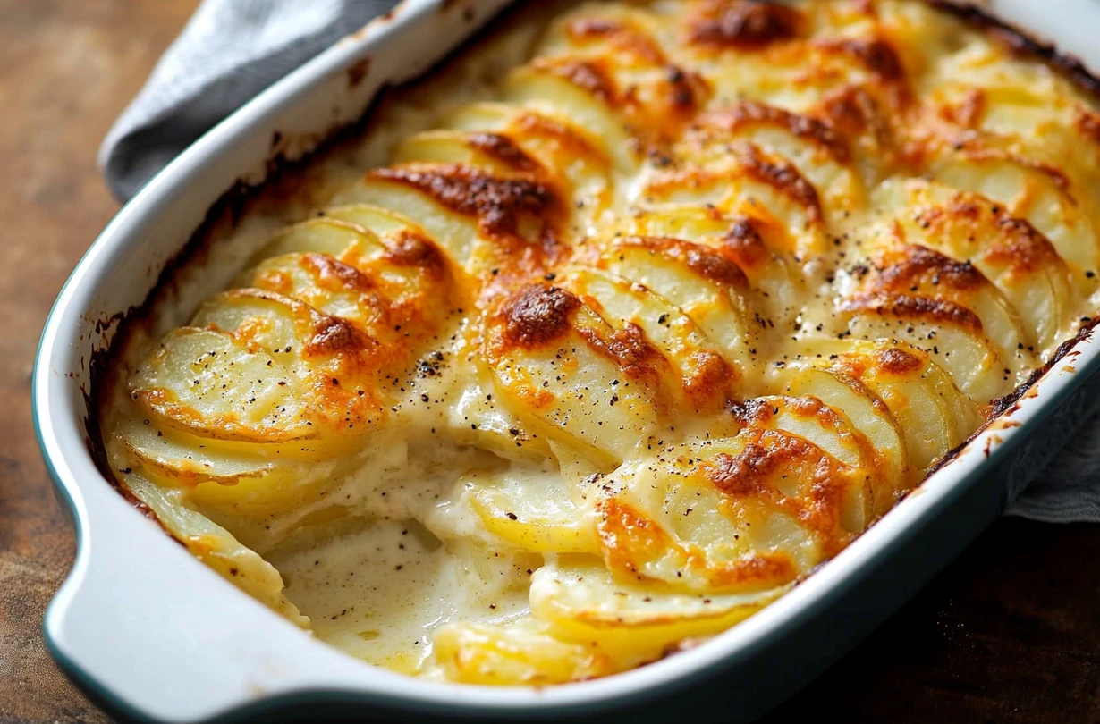 Gratin dauphinois maison, pommes de terre fondantes nappées de crème et de fromage, croûte dorée et croustillante.