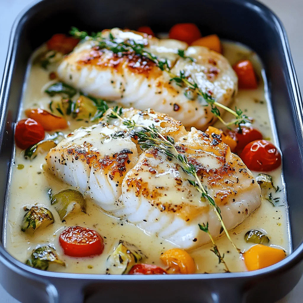 Filets de cabillaud dorés, cuits au four avec crème fraîche, tomates cerises et herbes aromatiques, plat savoureux et crémeux.
