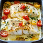 Filets de cabillaud dorés, cuits au four avec crème fraîche, tomates cerises et herbes aromatiques, plat savoureux et crémeux.