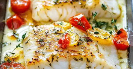 Filets de cabillaud dorés, cuits au four avec crème fraîche, tomates cerises et herbes aromatiques, plat savoureux et crémeux.