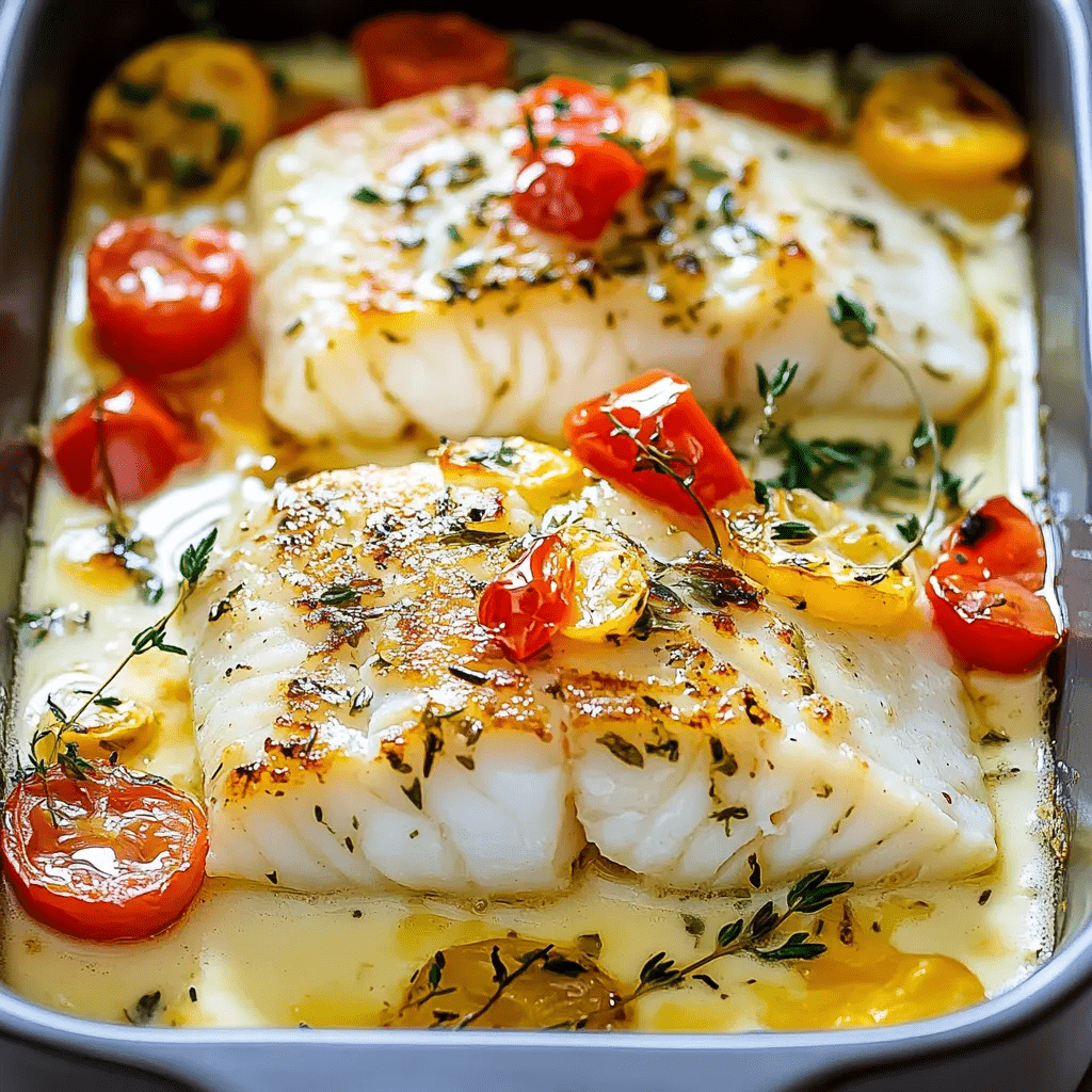 Filets de cabillaud dorés, cuits au four avec crème fraîche, tomates cerises et herbes aromatiques, plat savoureux et crémeux.