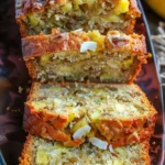 Cake moelleux à la banane, noix de coco et ananas, tranché sur une planche en bois avec miettes dorées